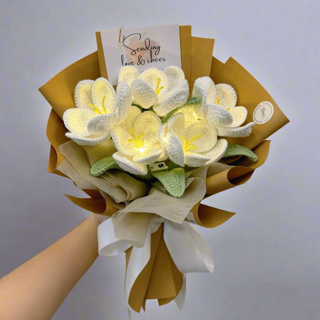 Wedding Dress Crochet Flower Bouquet (With Fairy Light)