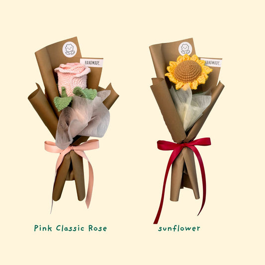 Single Stalk Crochet Flower Bundle – Sunflower & Classic Rose (Set of 5)