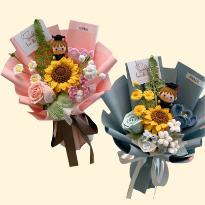 Two flower bouquets with decorative elements on a light beige background