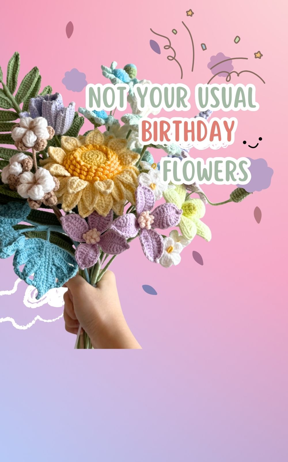 Knitted flowers held in a hand with 'Not Your Usual Birthday Flowers' text on a pink and purple gradient background.
