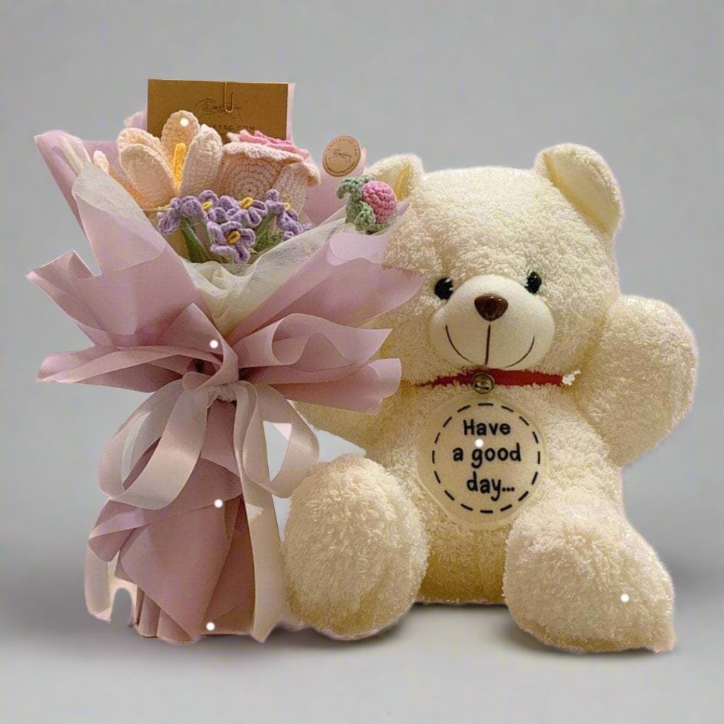 A Soft Toy Bear and A crochet Flower Bouquet