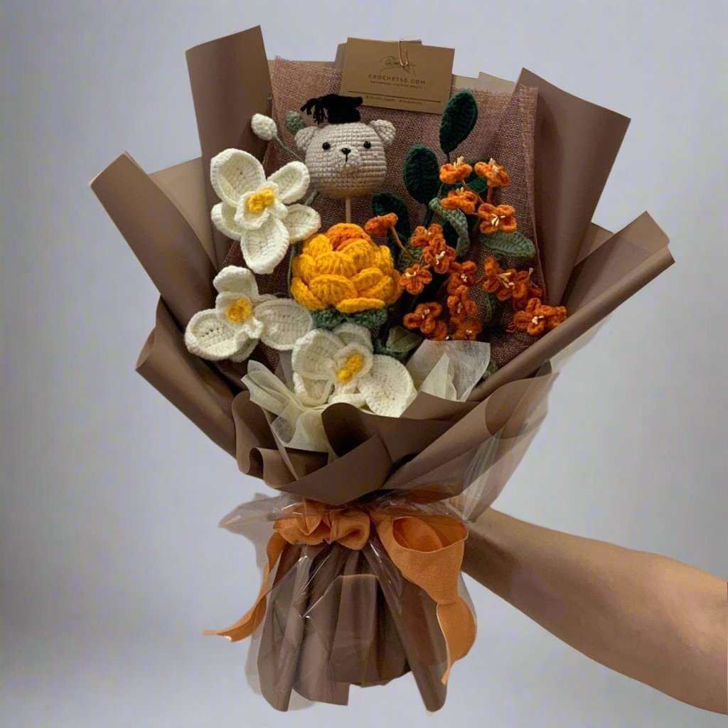 Crochet Flower Bouquet with a customised bear with graduation hat