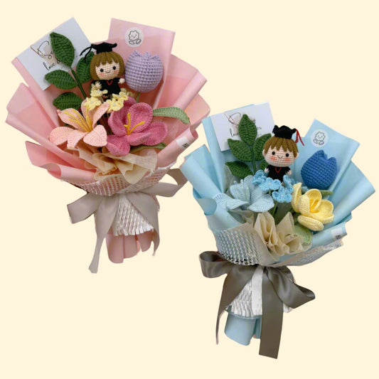 Two decorative bouquets with small figurines and flowers on a beige background