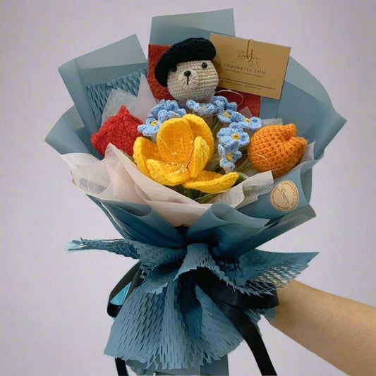 Crochet Flower Bouquet with bear wearing a black beret