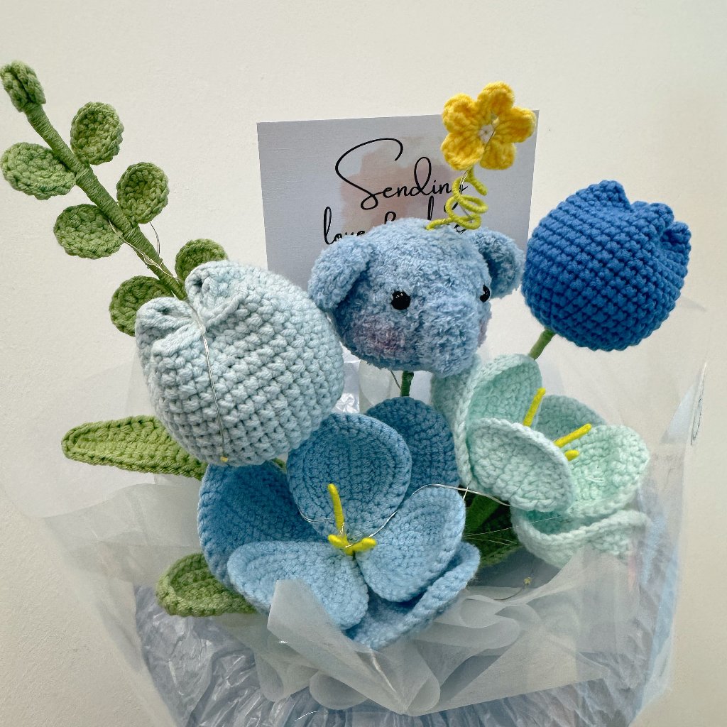 Hello World Crochet Flower Bouquet (Elephant Character) (Zoom in tulip)