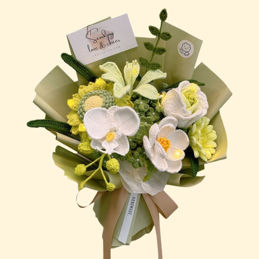 Knitted flower bouquet with green and yellow tones on a beige background