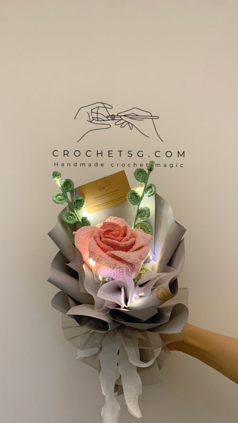 Rose Royale Crochet Flower Bouquet (with fairy lights in purple wrapper)