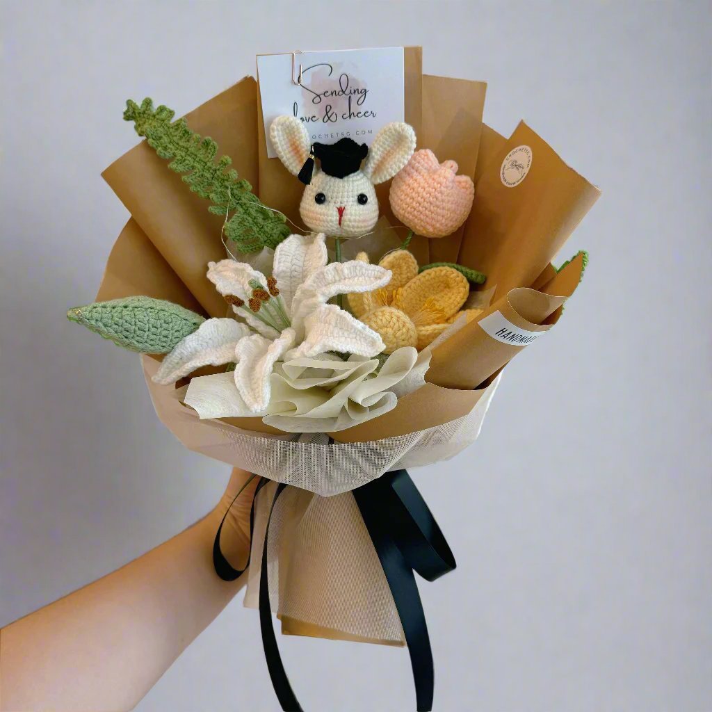 Scholar Bunny Crochet Flower Bouquet