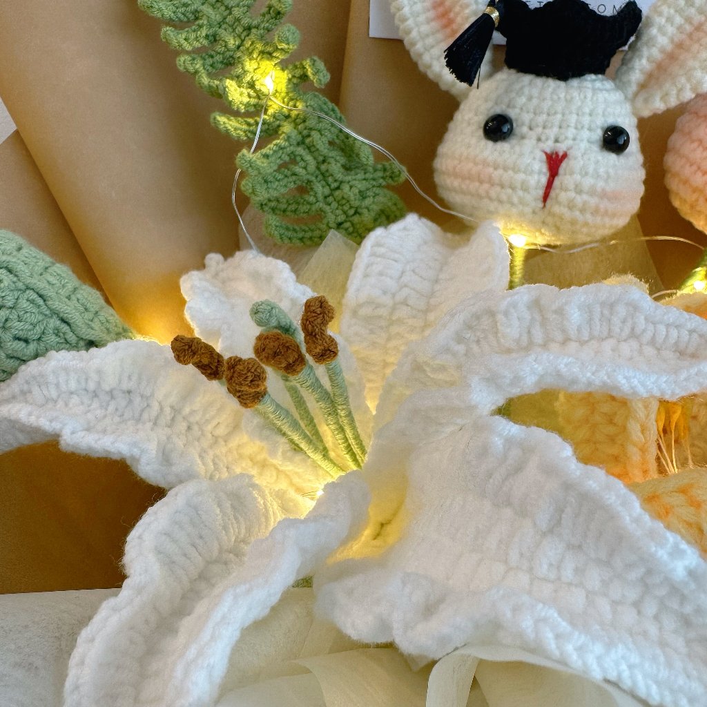 Scholar Bunny Crochet Flower Bouquet (Zoom in Casablanca Lily)