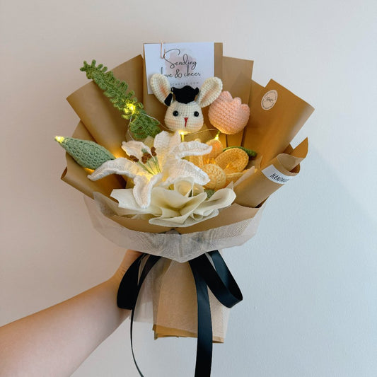 Scholar Bunny Crochet Flower Bouquet (with Fairy Light)