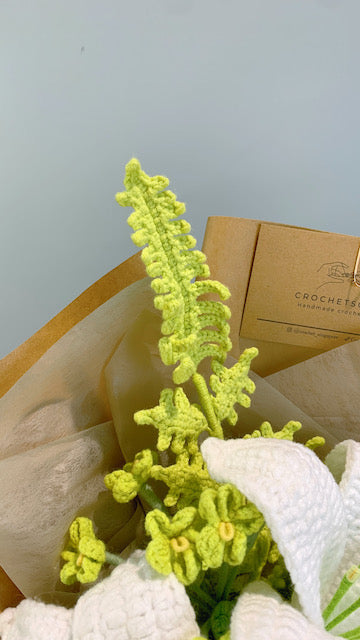 Snowy Lily Pure-fection Crochet Flower Bouquet (zoom in fern leaves)