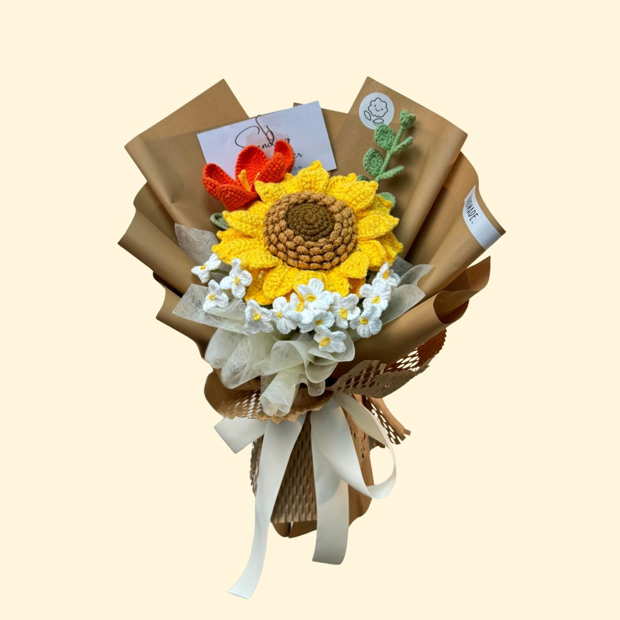 Bouquet with a sunflower design on brown paper against a beige background