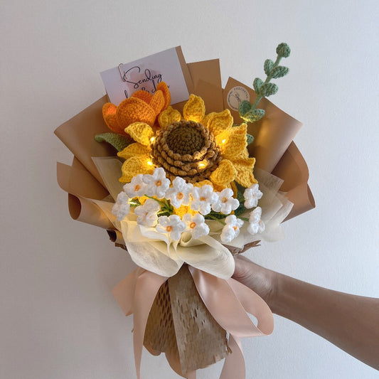 Suny Symphony crochet flower bouquet with fairy light