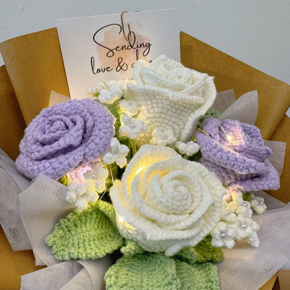 The Purples Of My Life Crochet Flower Bouquet (Zoom in Classic Rose with Fairy Light)