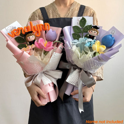 Two bouquets of knitted toys held by a person against a plain background.